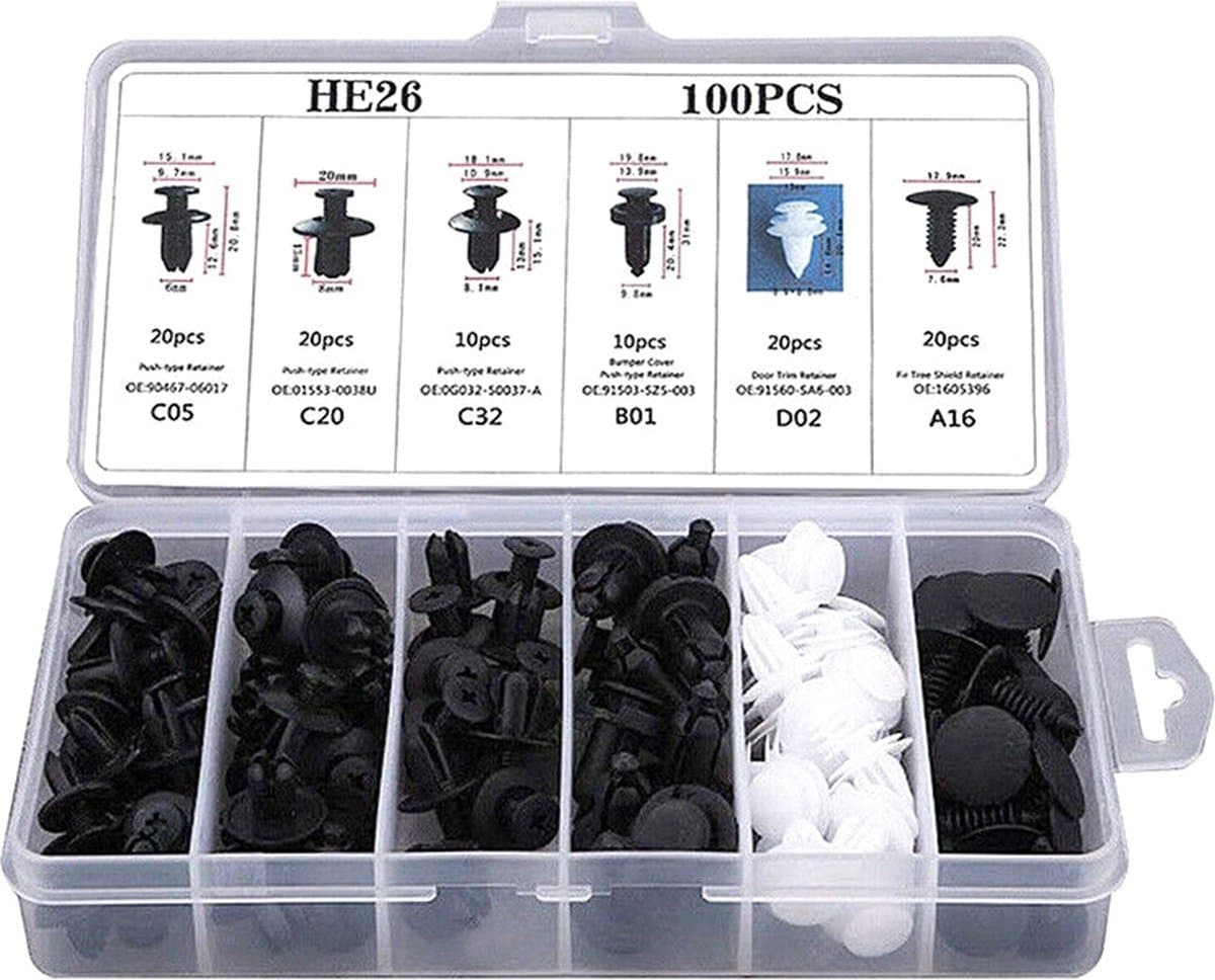 100 Delige Auto Bevestigingsclip Set in Opbergdoosje - Retainer Pins - Bumper Bevestiging - Modderkuip Bevestiging - Deurpaneel Clips (EAN: 7595981164122)