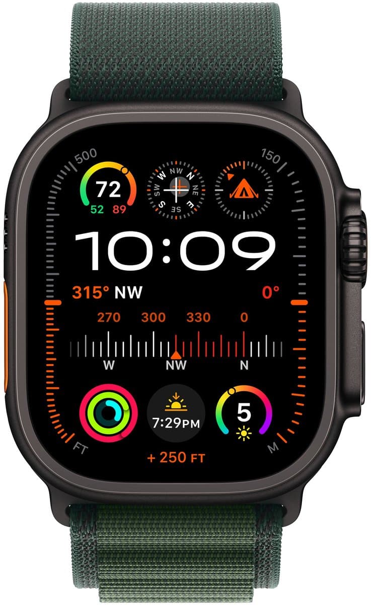 Apple Watch Ultra 2 GPS + Cellular 49mm Black Titanium Case with Dark Green Alpine Loop - Medium (EAN: 0195949584114): Een groter scherm, een grotere impact