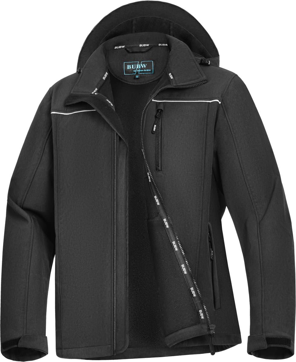 BUBW Heren Outdoorjas - Softshell Jas 4 Seizoenen - Winddicht - Waterafstotend - Outdoor Herenjas - Rits Zakken - Warme Fleece Gevoerd - Met Capuchon - Maat XL - Zwart (EAN: 0749379076611)