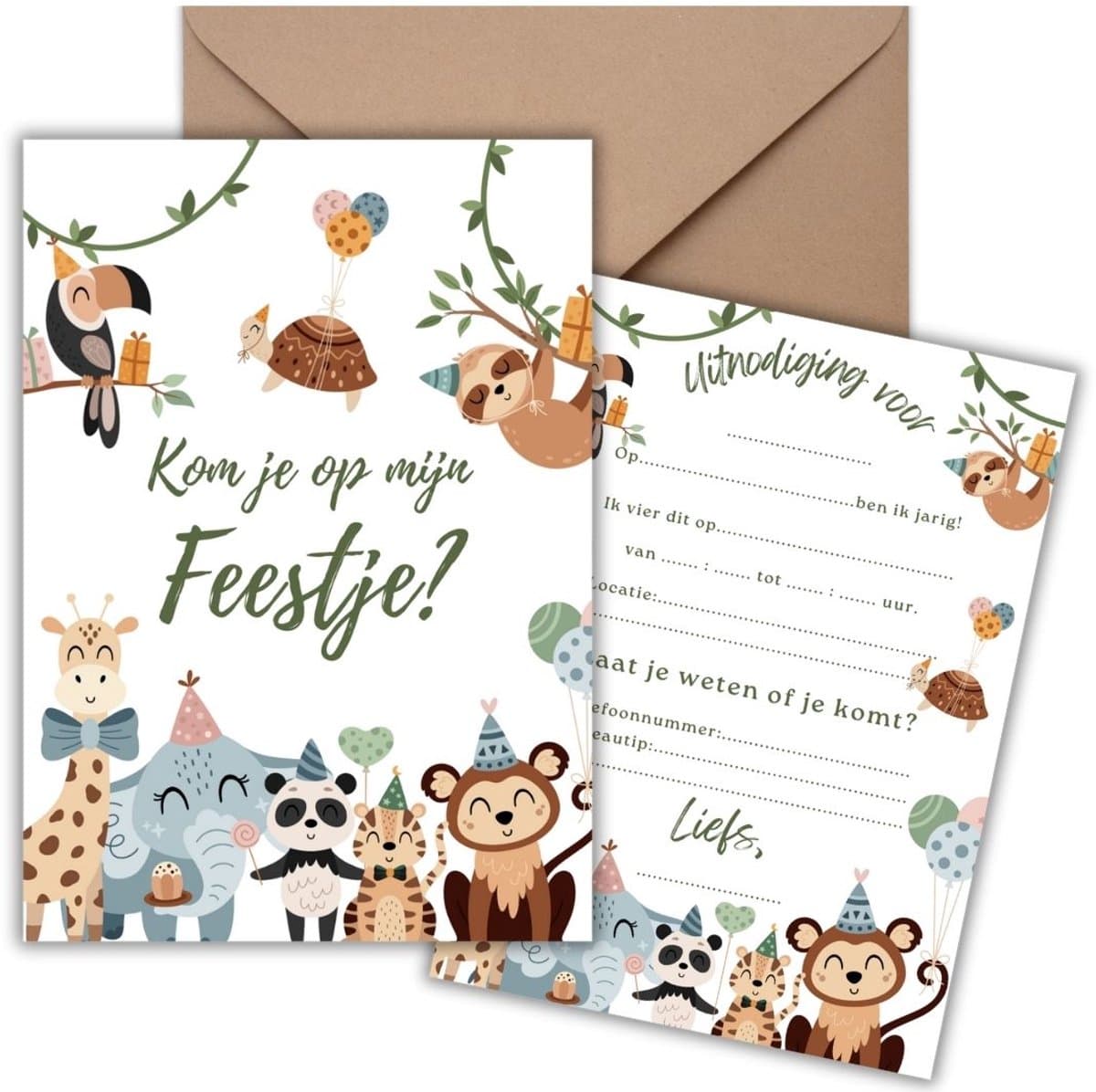 Uitnodiging Kinderfeestje 10 Kaarten + Enveloppen - Jungle – Dieren – Jongen & Meisje - Uitnodigingskaarten - Beschrijfbaar – Verjaardag Kind (EAN: 8721161817178)