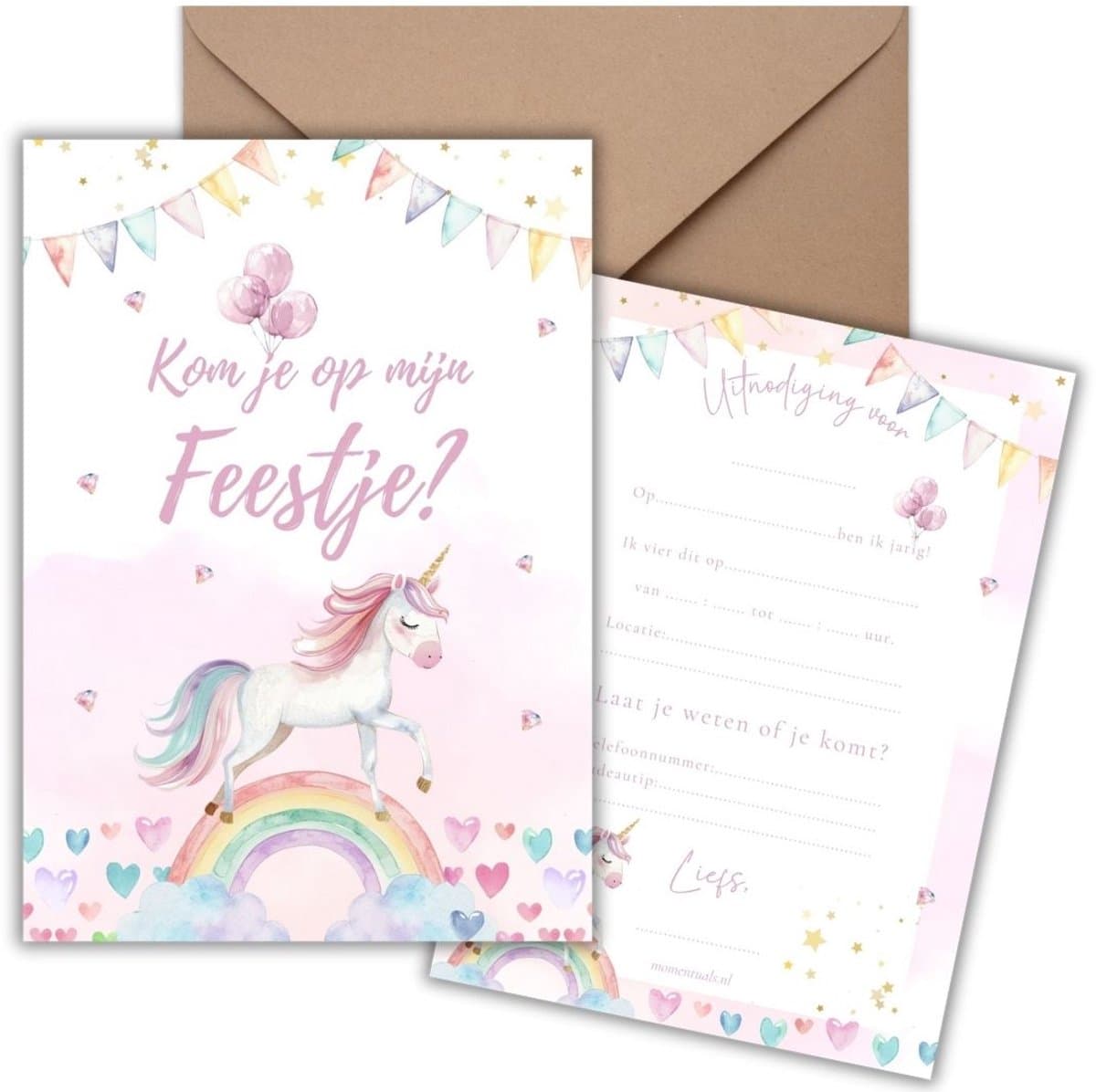 Uitnodiging Kinderfeestje 10 Kaarten + Enveloppen - Unicorn - Eenhoorn - Roze – Meisje – Uitnodigingskaarten - Beschrijfbaar – Verjaardag Kind (EAN: 8721161817512): 📦 Wat zat er in de doos