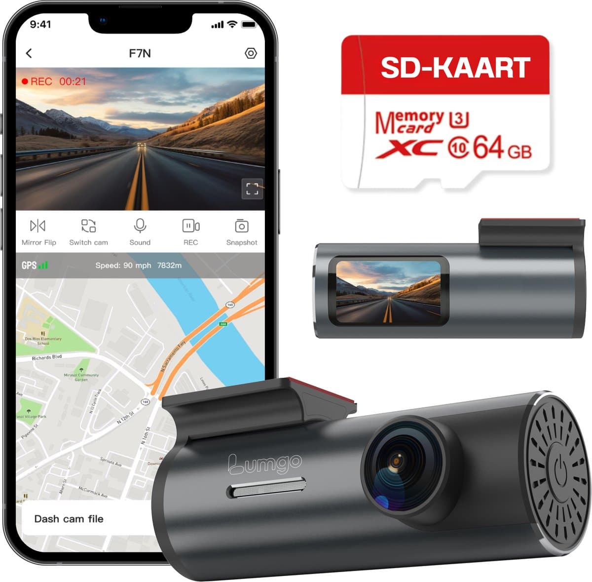 Lumgo Dashcam Voor Auto – Full HD – 150° Groothoeklens – 64GB SD Kaart Inbegrepen – Nachtzicht – App (Wi-Fi) – G-Sensor – Compact Design (EAN: 5419980624604)