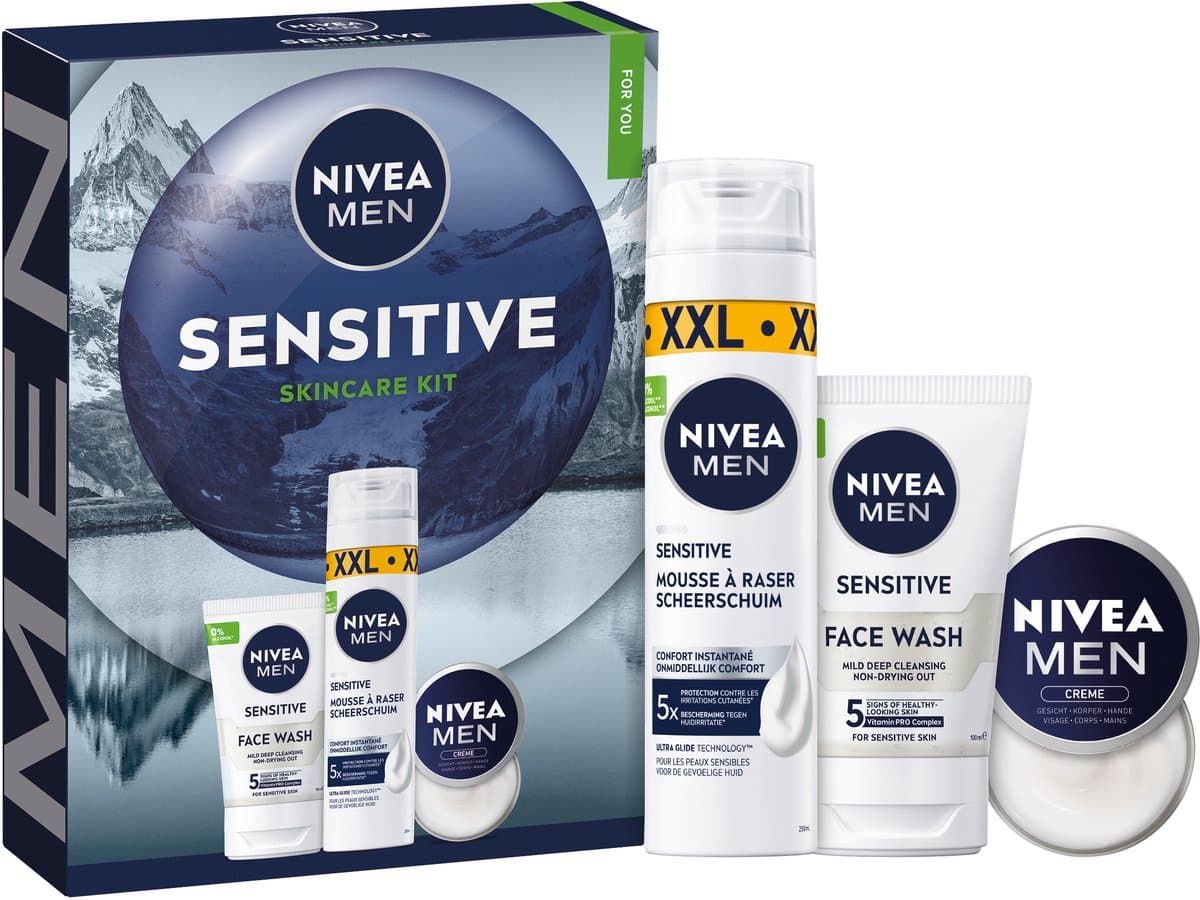 NIVEA MEN Sensitive Skincare Kit Geschenkset Mannen- Cadeauset Mannen met Scheershuim, Gezichtsreiniger & Crème - Vaderdag cadeau (EAN: 4006000210520)