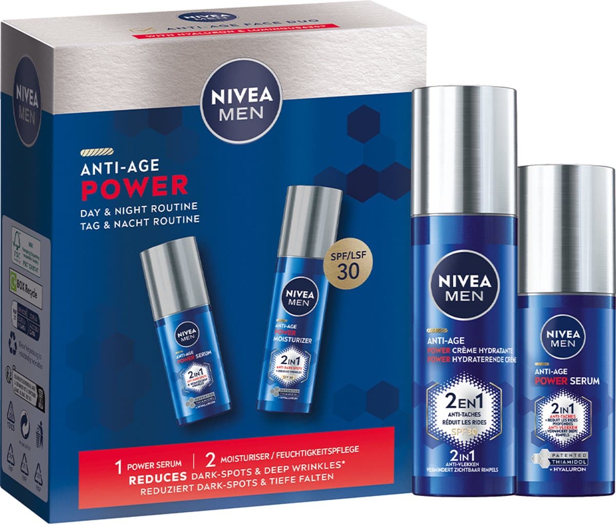 NIVEA MEN Power Anti-Age Geschenkset Mannen - Cadeauset Skincare Anti-Age Routine - Ceadeaubox met Serum & Dagcrème - Vaderdag cadeau (EAN: 4006000240251)