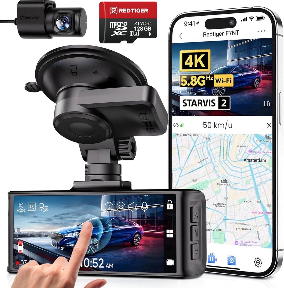 RedTiger F7NTouch - Dual Dashcam voor auto - Ultra 4K & 1080P - Voor en Achter Camera - 2025 model - Met Touchscreen - WiFi en GPS - 3.20 Inch met App - Sony Sensor Nachtzicht - Dashcams - Parkeerbewaking - G Sensor - Loop opname - 128GB SD Kaart ...