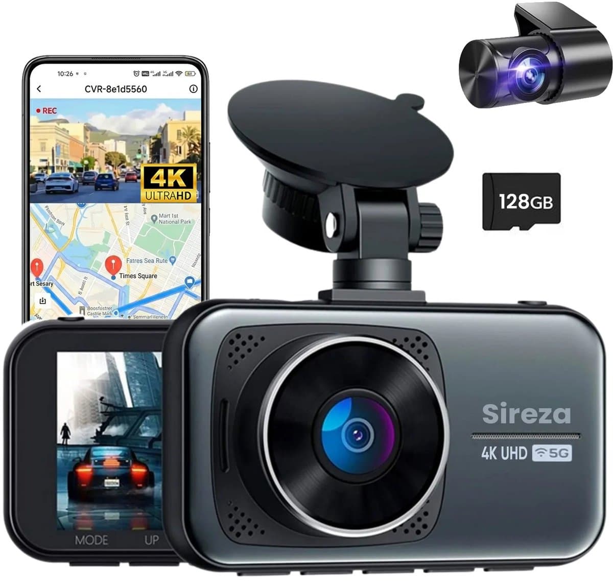 Sireza® D2 - Dashcam - Dashcam Voor Auto - Dual Dashcam - Ultra 4K & UHD - 3 inch met App - 128GB SD Kaart - Loop Opname - G Sensor - mini koevoet - haakske usb-c oplaadkabel - NL/FR/ENG Handleiding + NL Systeem (EAN: 5419980680303): Waarom ik (tó...