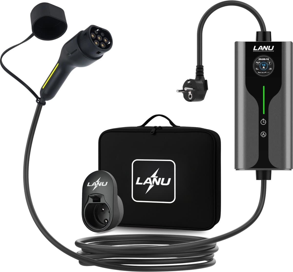 Mobiele thuislader Type 2 - 10 Meter - IP65 Waterdicht - opladen vanaf stopcontact EU - 6A/16A - 1 Fase - laden uitstellen functie - Inclusief draagtas (EAN: 8721082000178)