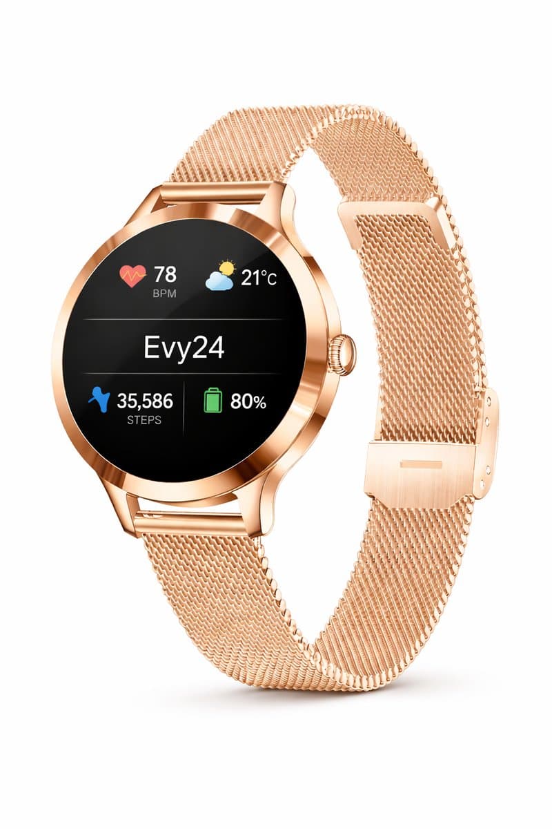 Evy24 Smartwatch Dames 35mm – AMOLED Smartwatch Horloge – Stappenteller, Slaapmonitor & Saturatiemeter – Bluetooth Bellen – Fitness Tracker voor Android & iOS – Rosé (EAN: 8720828483855)