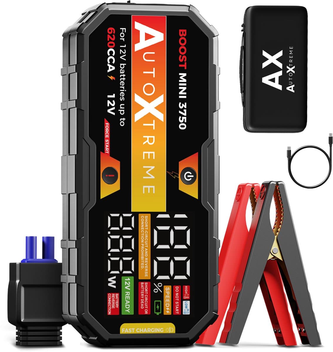 AutoXtreme Jumpstarter 12V voor Auto – 620CCA – Boost Mini 3750 – Starthulp met Forcestart, LED-scherm & Powerbank – Incl. Zaklamp & Opbergkoffer (EAN: 8721161027140)