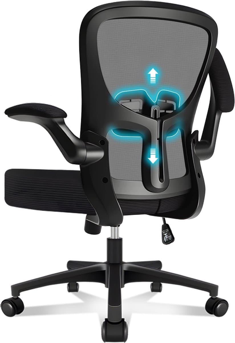 Durrafy Bureaustoel - Ergonomische Bureaustoel - Bureaustoelen voor Volwassenen - Office Chair - met Lendensteun & 90° Opklapbare Armleuningen | Verdikt en Verbreed Zitkussen | Hoogteverstelling - Stoel Tot 150kg - Zwart (EAN: 0787997725290)