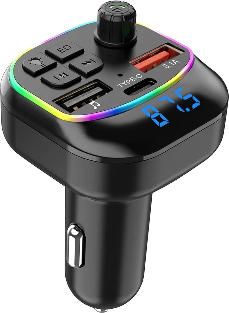 Bluetooth Transmitter - FM Transmitter voor Auto - Carkit met Handsfree Bellen - Bluetooth Auto Ontvanger - Autolader USB-C - SD Kaart (EAN: 8720865124568): **FM Transmitter voor je auto geen kabels meer!**