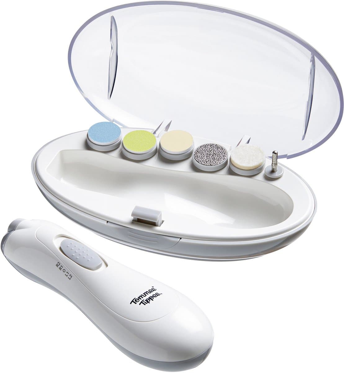Tommee Tippee - Elektrische baby-nagelvijltrimmer - op batterijen werkende nagelknipper voor baby's - met ledlicht en zes vijlkoppen voor nagels van baby's en volwassenen (EAN: 5010415237729)