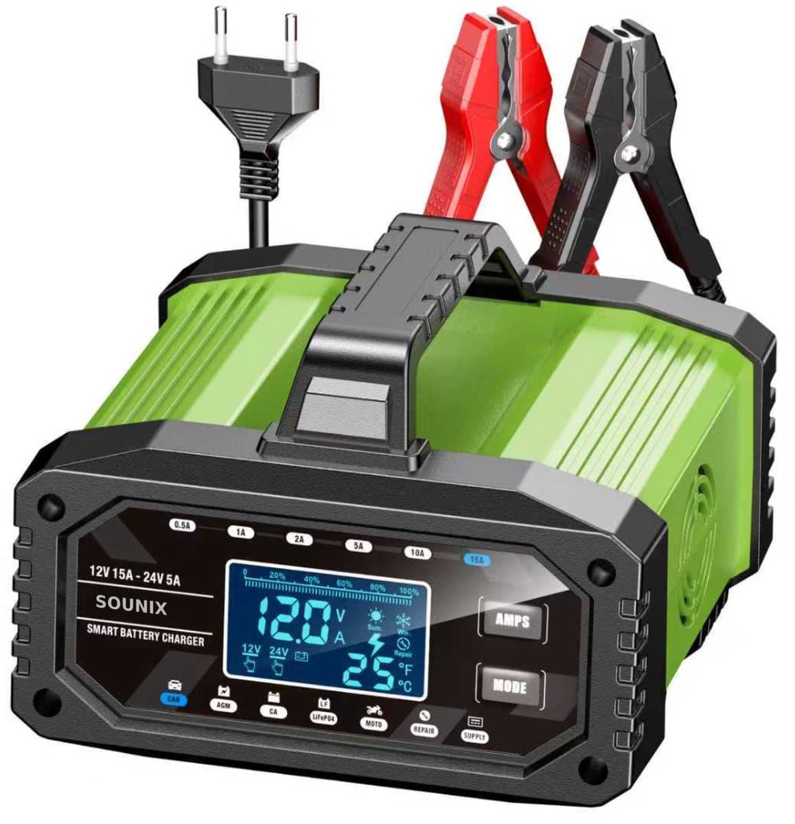 Sounix Acculader - 12/24V - 5A/15A - 180W - Accu Lader voor Auto / Motor / Scooter / Boot / Camper - Zwart/Groente (EAN: 8721049734900)