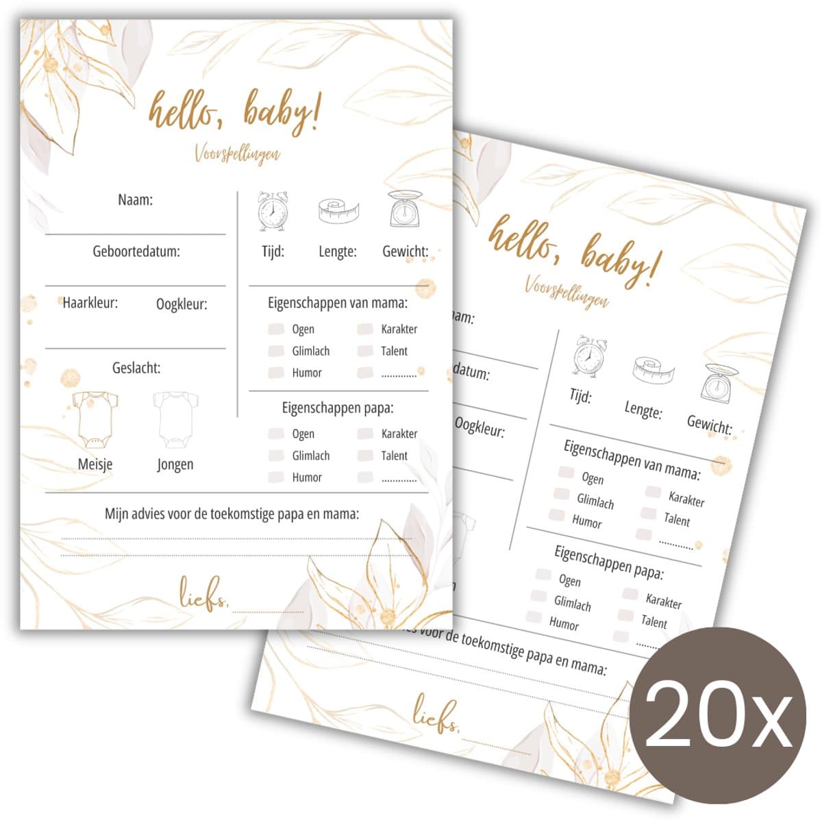 Babyshower Invulkaarten 20 stuks - Voorspellingskaarten - Babyshower Spelletjes - Jongen of Meisje - A6 - Goud (EAN: 8721161817222): Waarom ik meteen verliefd werd
