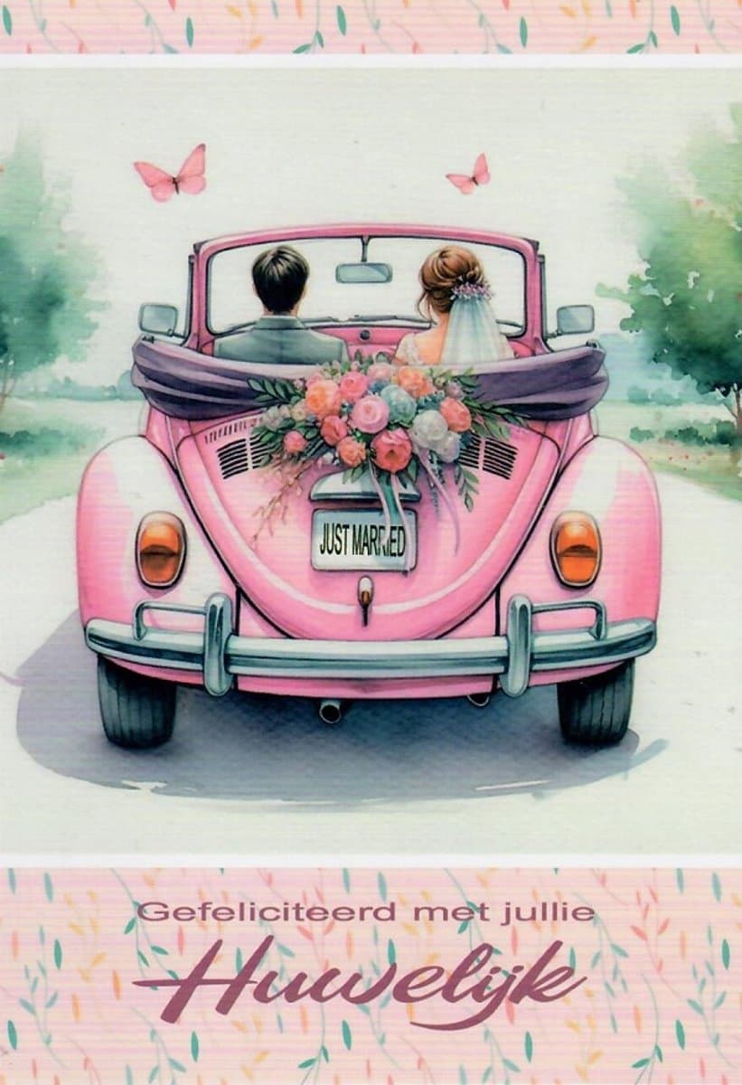 Gefeliciteerd met jullie huwelijk! Een bijzondere kaart met een auto waar het echtpaar in zit! Versierd met mooie bloemen! Een leuke kaart om zo te geven of om bij een cadeau te voegen. Een dubbele wenskaart inclusief envelop en in folie verpakt. ...