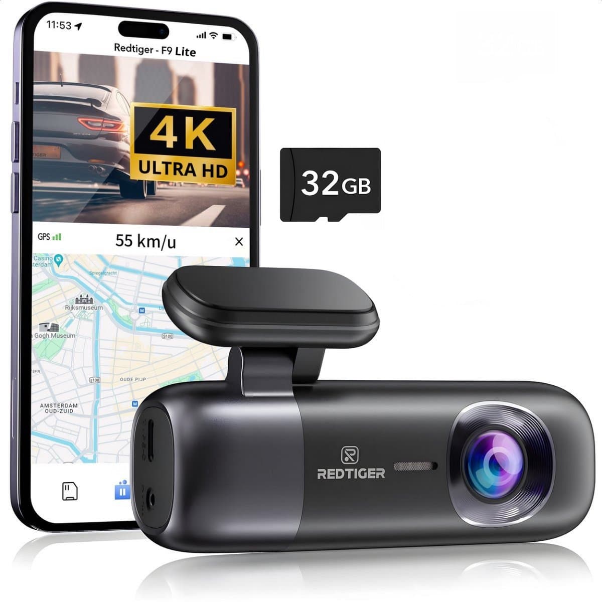 RedTiger F9 Lite Dashcam voor auto - Ultra 4K - Voor Camera - WiFi en GPS - met App - Dashcams - Sony Sensor - Nachtzicht - Parkeerbewaking - G Sensor - Loop opname - (EAN: 8721082477048)
