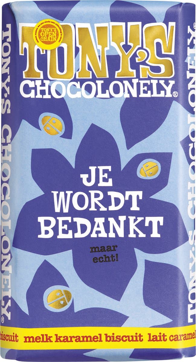 Chocolade Tony's Chocolonely - Je Wordt Bedankt Chocolade Reep Melk Karamel Biscuit - Gifting Bar (EAN: 8720701149946): Waarom deze reep opvalt