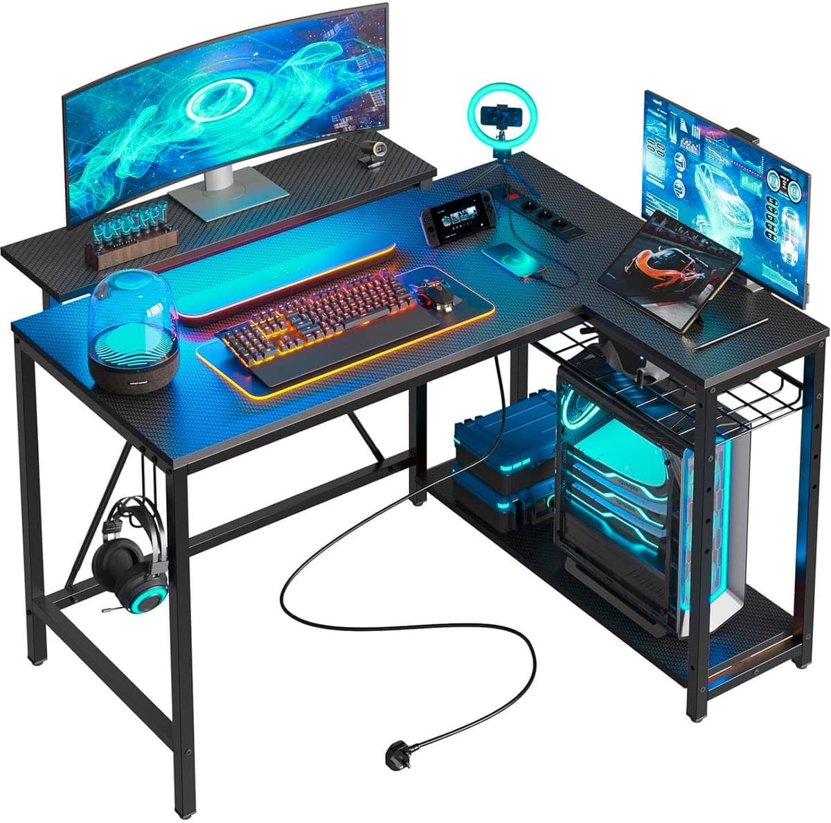 Five Stars® L-Vormig Game Bureau - 107x80x76 cm - Game Bureau met LED verlichting - Zwart Carbon - Hoekbureau - Gaming Desk - Computertafel (EAN: 8720892513809)