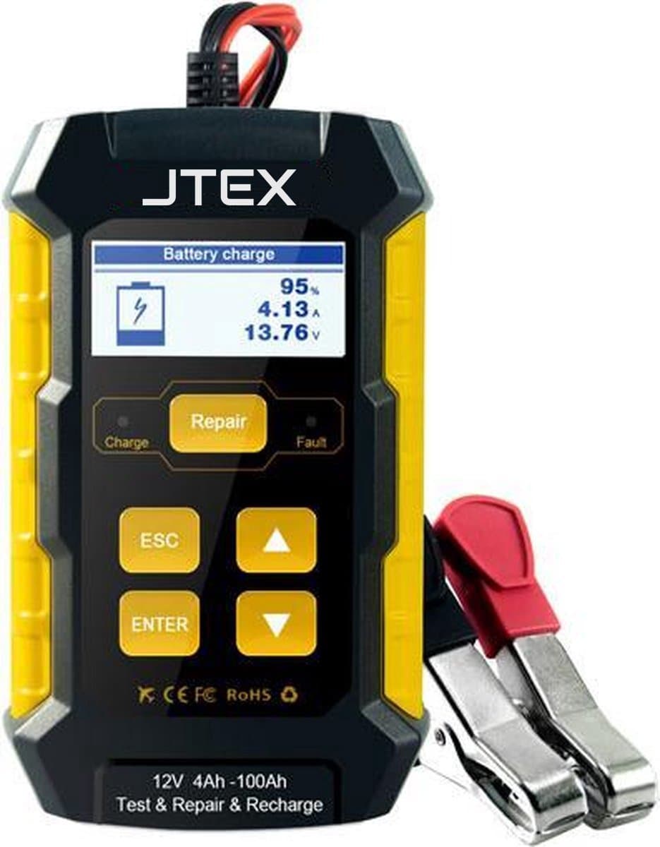 JTEX Accu oplader en tester - auto & motor - automatisch laden (EAN: 0696952926101): 1. **Automatisch laden, geen gedoe**