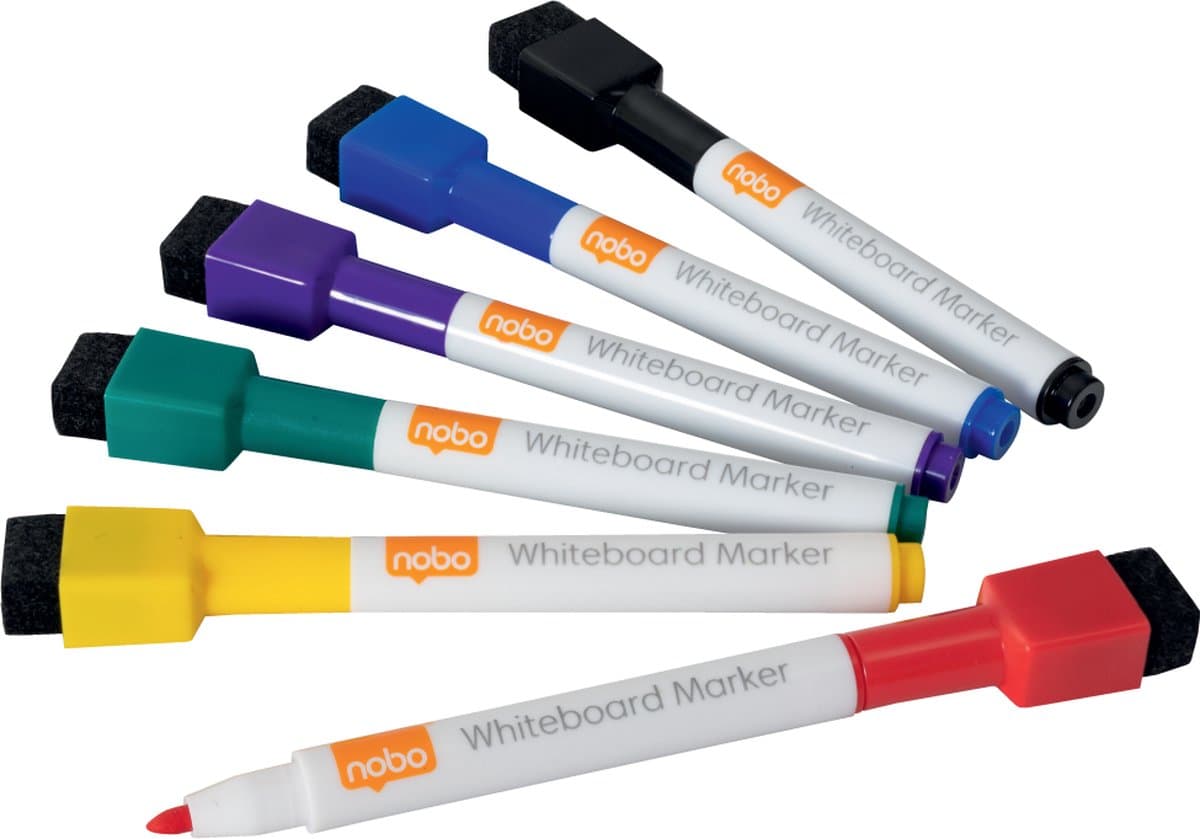 Nobo Geurarme Mini Whiteboard Markers met Wisser - 6 Stuks Assorti kleur - Fijne Punt van 2 Millimeter (EAN: 5028252344623): 📦 Wat zit er in de verpakking