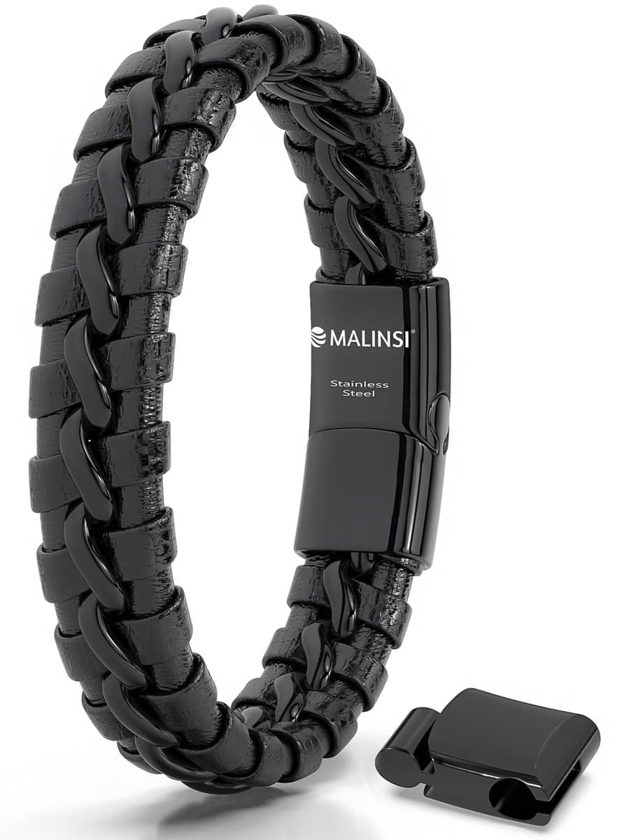 Malinsi® Armband heren - Strong Zwart - Gevlochten RVS en Leer - 20 cm + 2 cm verlengstuk - Armbandje Mannen (EAN: 8720387882687): 1️⃣ Wat is er in die doos