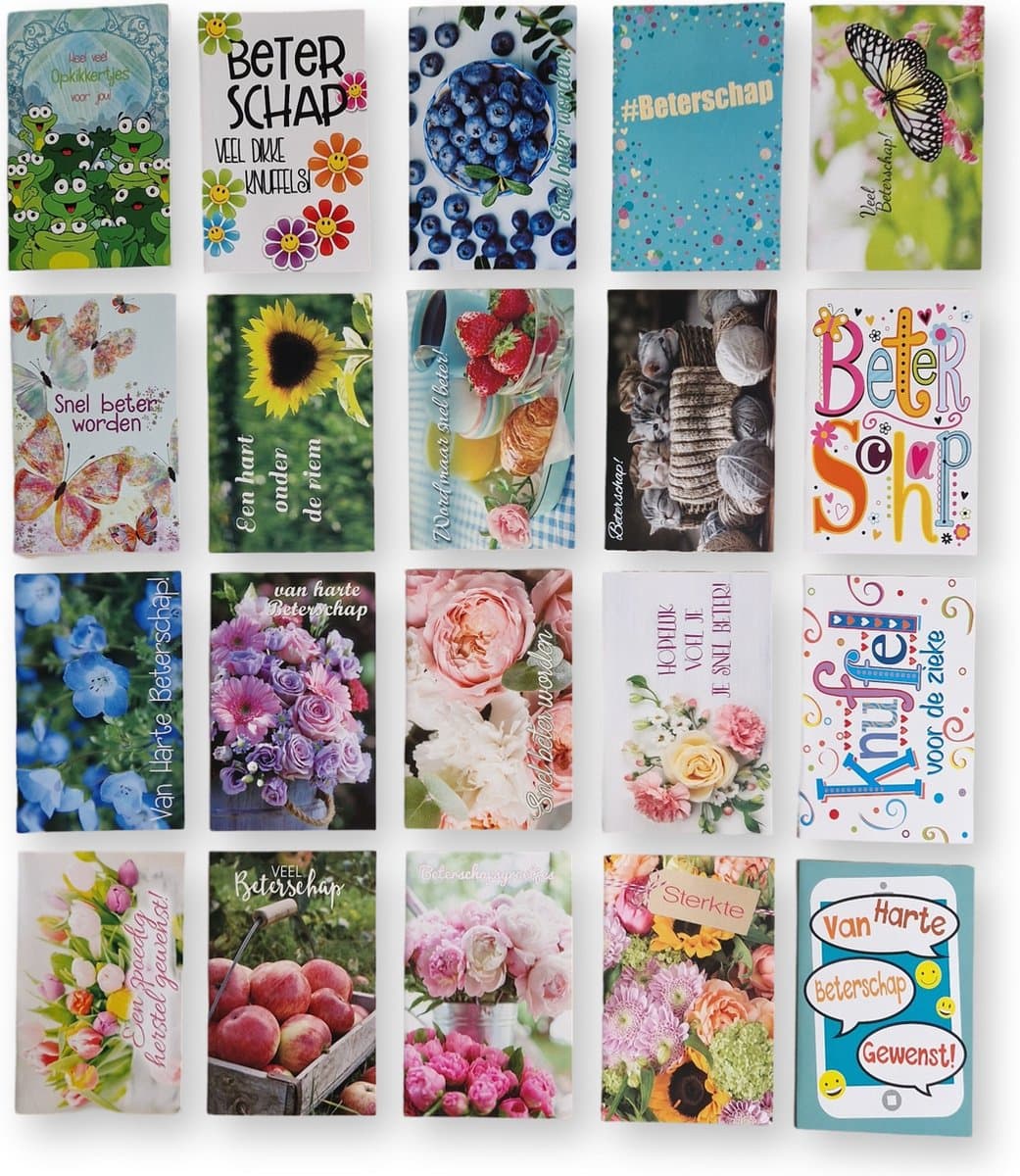 Cards & Crafts 20 Luxe wenskaarten Beterschap Sterkte - 17x12cm - Gevouwen kaarten met enveloppen (EAN: 7106619163655): Wat zit er precies in de doos