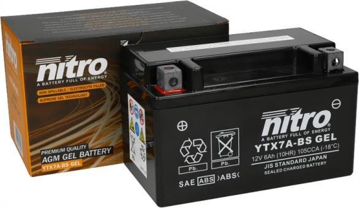 Accu Nitro YTX7A-BS / NTX7A-BS 12volt 6Ah 150 x 87 x 94mm Onderhoudsvrij (GEL) (EAN: 5414837156420)