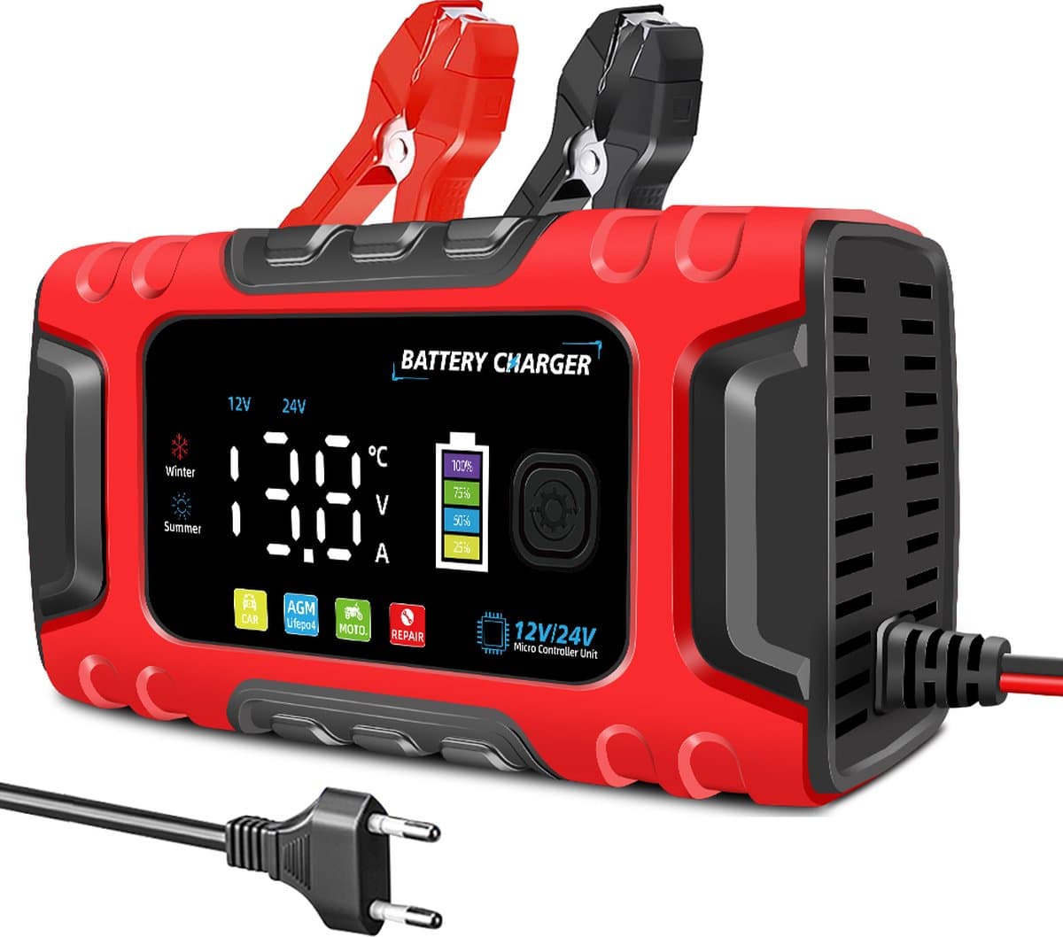 Acculader -Accu Druppellader - 12V/24V10A - Reparatiemodus - Druppellader - Accu Lader voor Auto / Motor / Scooter / Boot / Camper - Rood (EAN: 0767738320816)