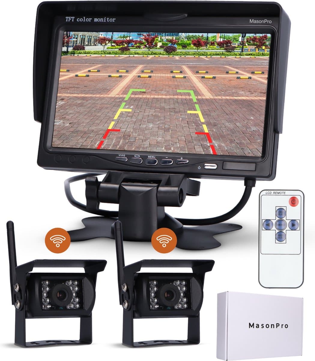 MasonPro Achteruitrijcamera Essential - Draadloos – Achteruitrij Camera voor Auto, Bus, Camper, Caravan Vrachtwagen en Landbouw – Waterdicht – IR Nachtzicht - 7 Inch (EAN: 8721008510095)