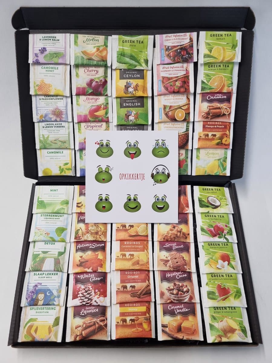 Thee Proeverij Pakket | Theepakket met 50 verschillende theesmaken met Mystery Card 'Opkikkertje' met persoonlijke (video)boodschap | Verjaardag | Sinterklaas | Kerstpakket | Vaderdag | Moederdag | Jubileum | Valentijnsdag (EAN: 8720707881994)