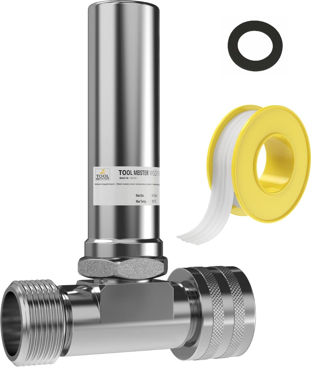 Tool Meister WSD18 Waterslagdemper 3/4 - Voor Wasmachine/Kraan/ed. - met T-stuk en Afdichtingstape - Verchroomd (EAN: 8720938129018): Wat is de Tool Meister WSD18 precies 🛠️