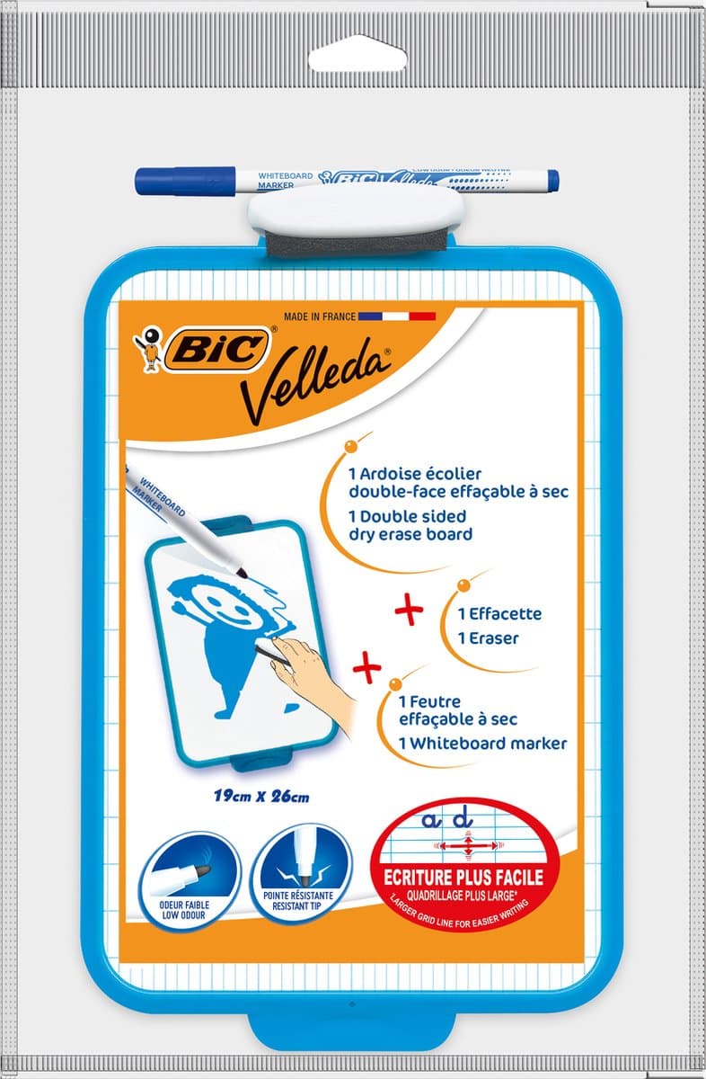 BIC Velleda Dubbelzijdig Droog uitwisbaar Bord - met Blauwe Whiteboard Marker en Wisser - Pack van 1 Stuk - 19 x 26 cm (EAN: 3086129999576): Waarom een dubbelzijdig bord