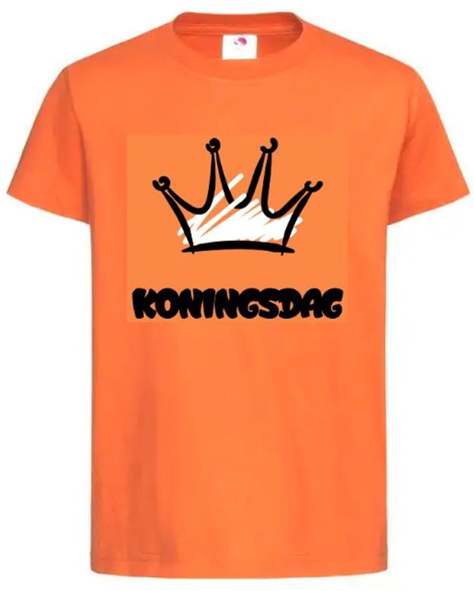 T-shirt Kinderen "KONINGSDAG" Kroon inkleuren Op Voorkant EK Voetbal Europees Kampioen Kampioenschap Oranje Koning Koningsdag | korte mouw | Oranje/zwart | maat 146/152 (EAN: 6153100661689)