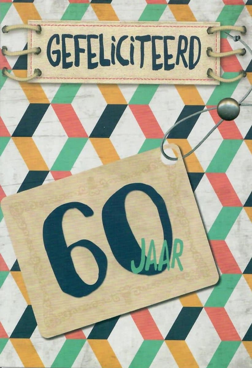 Gefeliciteerd met je verjaardag! Je bent 60 jaar geworden! Een leuke kaart met een kleurrijke achtergrond. Een grappige kaart om zo te geven of om bij een cadeau te voegen. Een dubbele wenskaart inclusief envelop en in folie verpakt. (EAN: 6096456...
