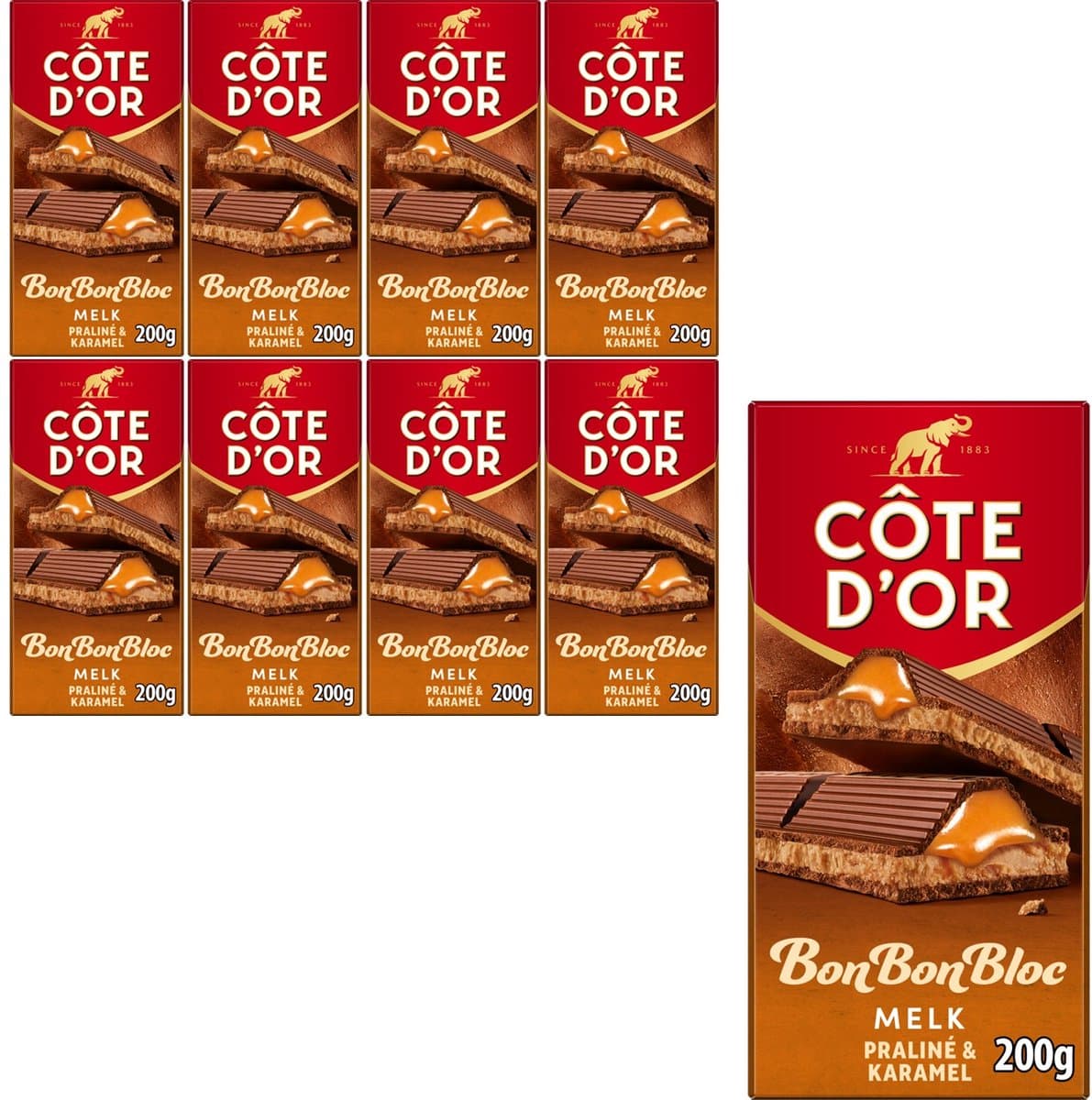 Côte d'Or BonBonBloc Chocoladereep Melk Praliné & Karamel 8 x 200g - Chocolade Tabletten - Cadeau vrouwen of mannen verjaardag - Voorraad (EAN: 7622201151713): 📦 Wat is dit precies