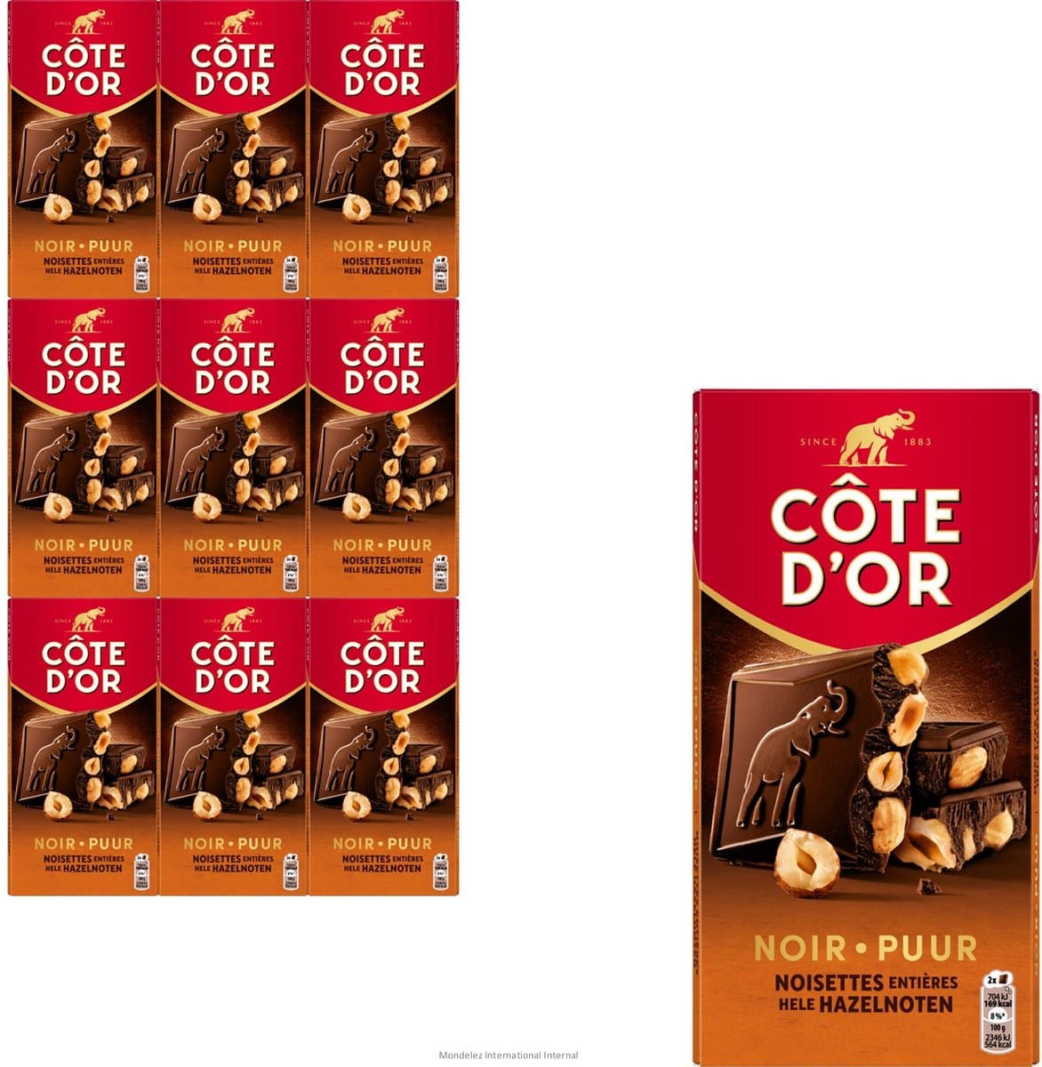 Côte d'Or L'Original Puur Hele Hazelnoten Chocolade Reep 9 x 180g - Chocolade Tabletten - Cadeau vrouwen of mannen verjaardag - Voorraad (EAN: 7622210624246)