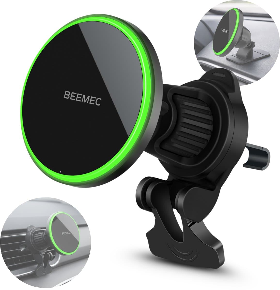 Beemec® Telefoonhouders Auto 2-in-1 – 15W Draadloos Snelladen – MagSafe autohouder– GSM Houder Auto – Magnetisch – Ventilatierooster & Dashboard – Inclusief Kabels & LED Laadindicator (EAN: 8720844086344)