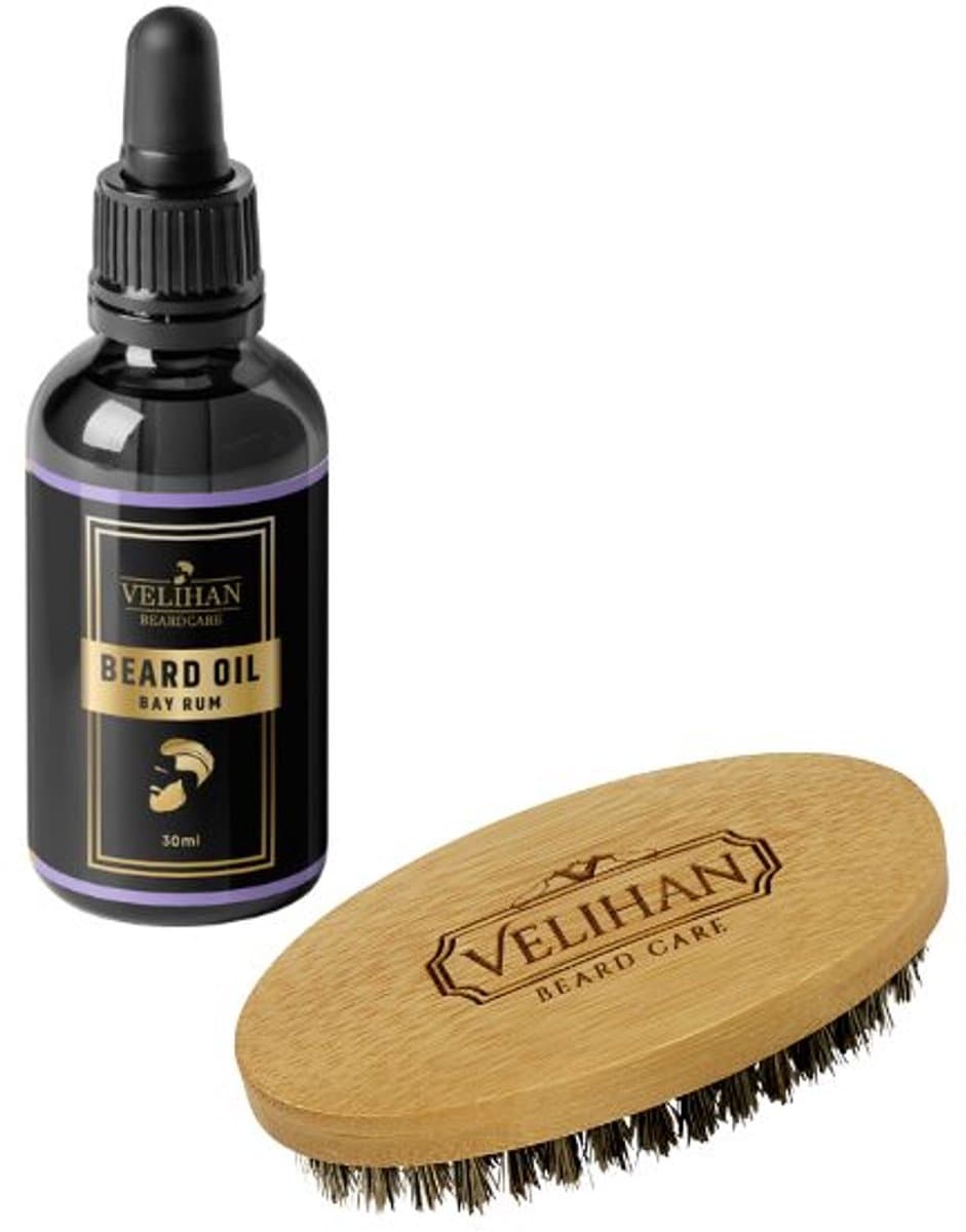 Velihan Beardcare - Baardverzorging Duo Pack - Baardolie Bay Rum 30ml - Baardborstel- Baardverzorging set - Cadeau voor hem - Baardverzorging - Baard olie - Cadeau voor vriend - Baardgroei - Perfecte cadeau voor man (EAN: 6152600603656)