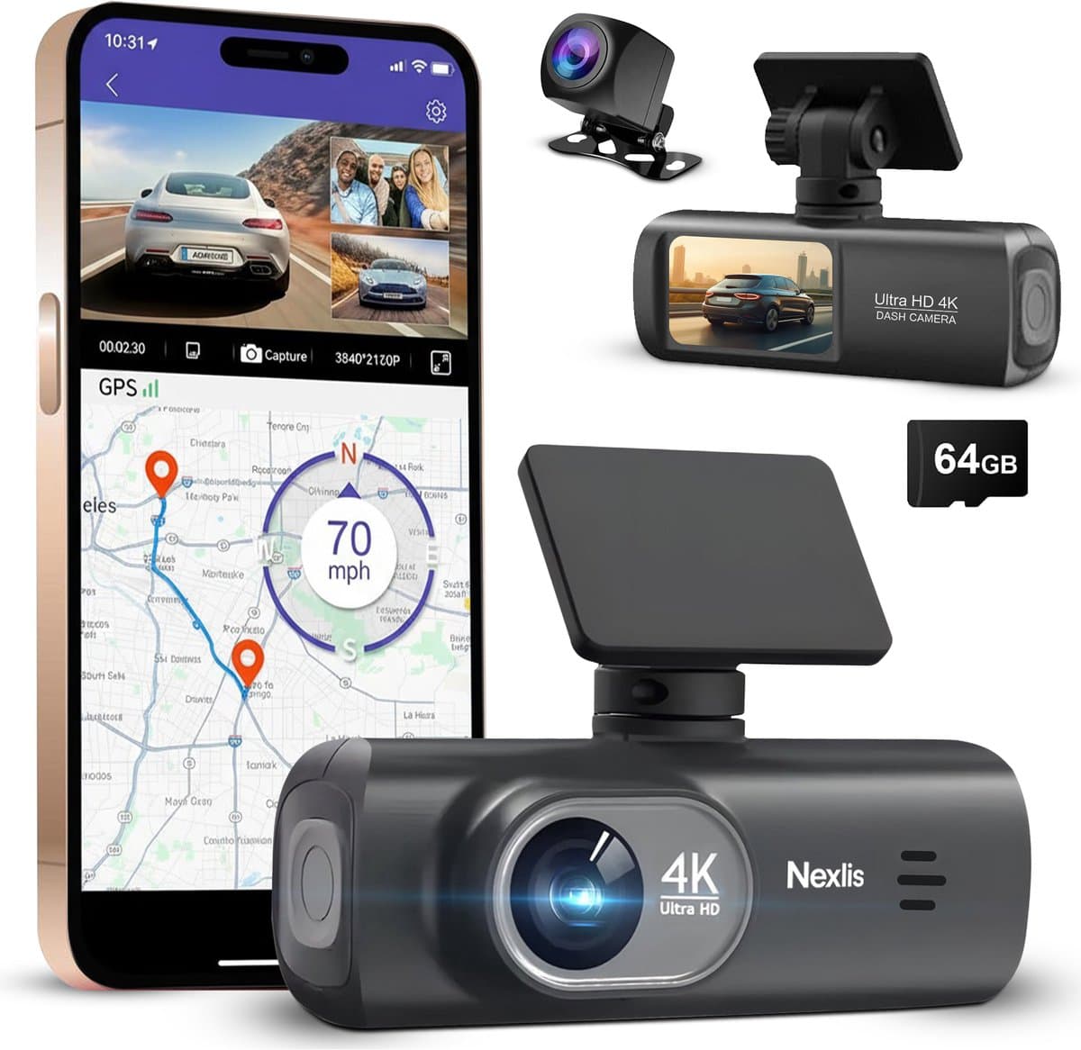 Nexlis Dual Dashcam 4K Ultra HD - Dashcam voor Auto - Voor en Achter - GPS - 4K & 1080P - Nachtzicht - Parkeerstand - Wifi & App - Loop Recording - G-Sensor - Incl. 64GB SD-Kaart (EAN: 8721398295015)