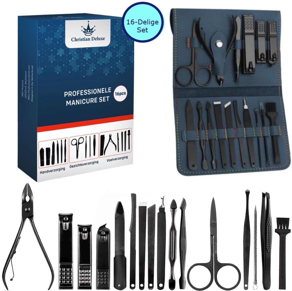 Christian Deluxe® Professionele 16 Delige Manicure Set - Nagelknipper - Nagelvijl - Nagelknipper - Nagelset (EAN: 8720589009868): Eerste indruk Luxe in een mapje