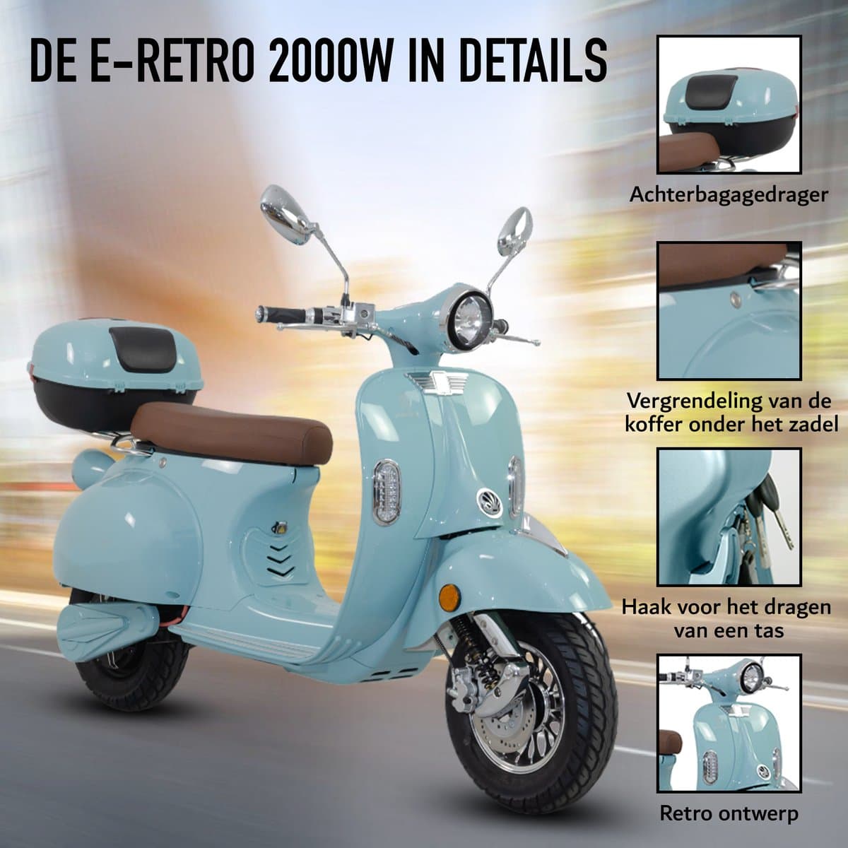Elektrische Scooter E Retro | Fulmen 2000W | ElectraMoV | 45 km/h | Actieradius 55km ! | Incl. Topkoffer | Vespa-stijl | 2 Jaar Garantie (EAN: 8720844039883)