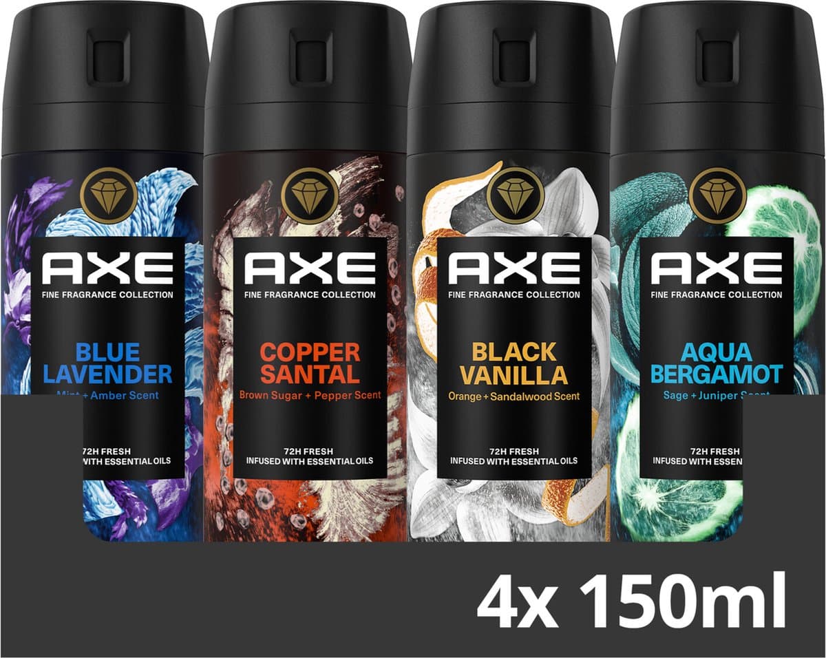 AXE - Deodorant Bodyspray Mix - Fine Fragrance Collection set - 4 stuks - Voordeelverpakking: Geen 'puber-geur', maar echte luxe