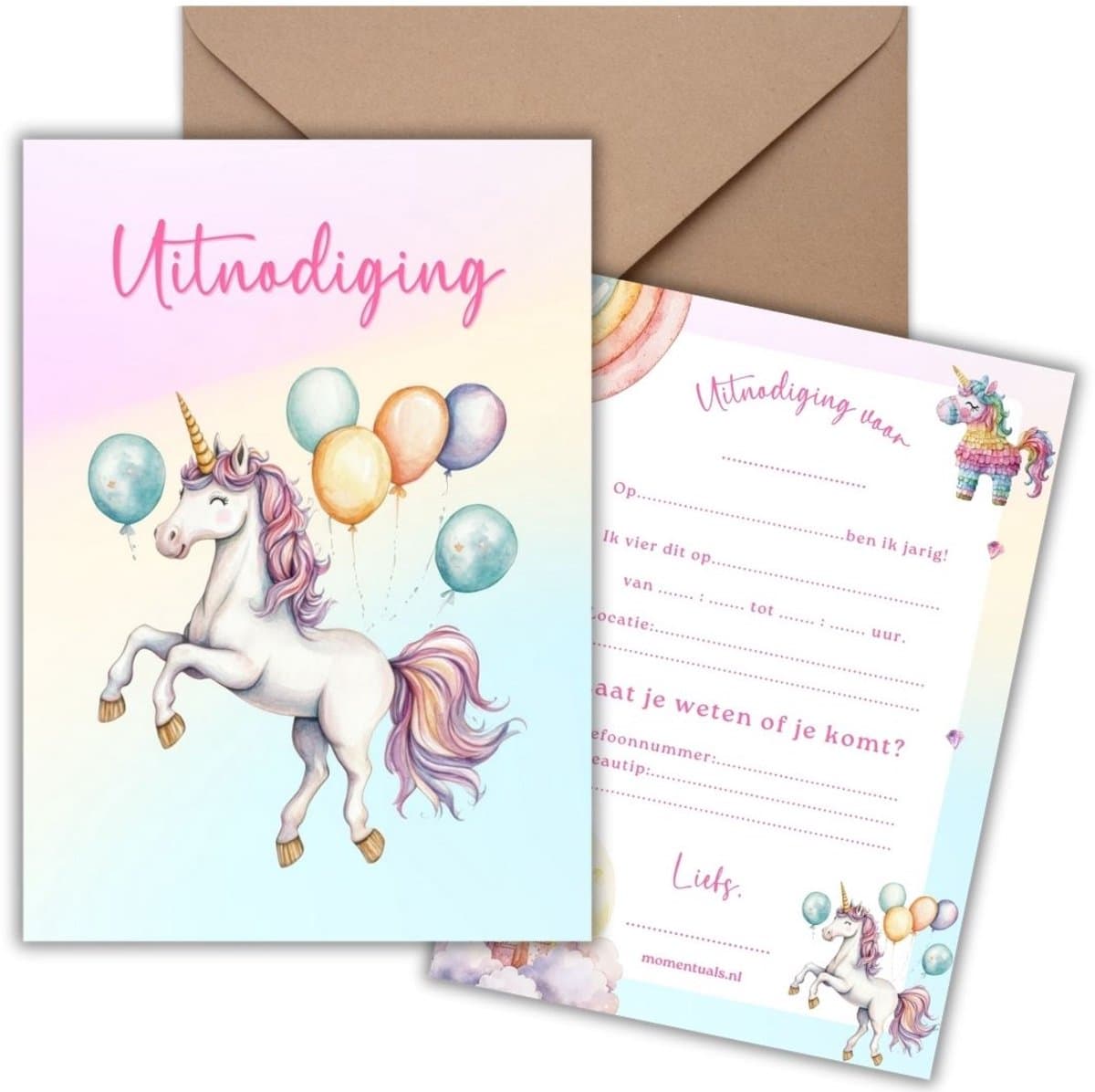 Uitnodiging Kinderfeestje 10 Kaarten + Enveloppen - Unicorn Ballon - Eenhoorn – Jongen & Meisje – Uitnodigingskaarten - Beschrijfbaar – Verjaardag Kind (EAN: 8721161817857)