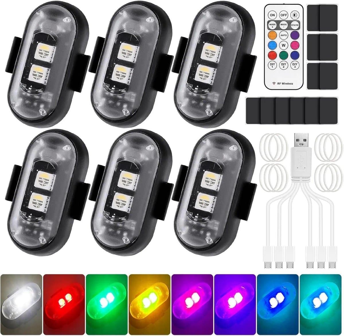 Draadloze LED-lampen voor auto's - 8 kleuren - Waterdicht en USB-oplaadbare Stroboscooplichten met Afstandsbediening (EAN: 9101065689924)