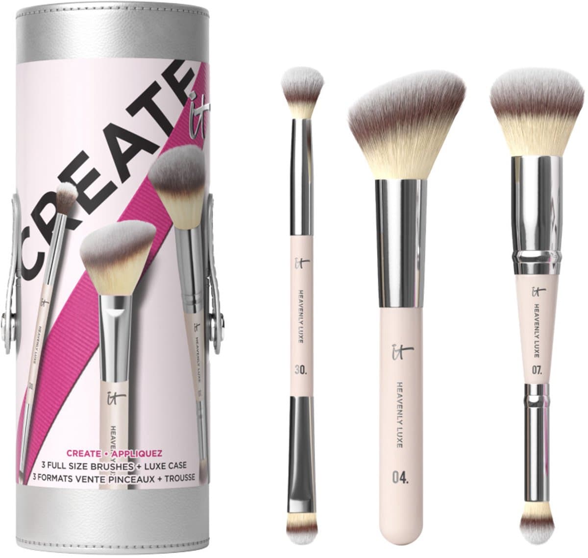 IT Cosmetics Celebrate Creative Looks 3-delige kwastenset - Make-upkwasten en reiskoffer - Voor het aanbrengen van oogschaduw, foundation en blush (EAN: 3605972974303)