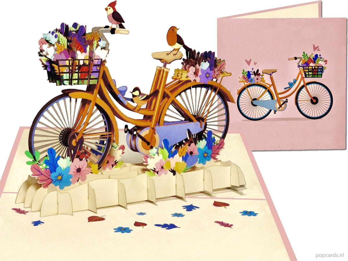 Popcards popupkaarten - Vrolijke Versierde Fiets met Bloemen en Vogeltjes Lente Zomer pop-up kaart 3D wenskaart (EAN: 8785253683065)
