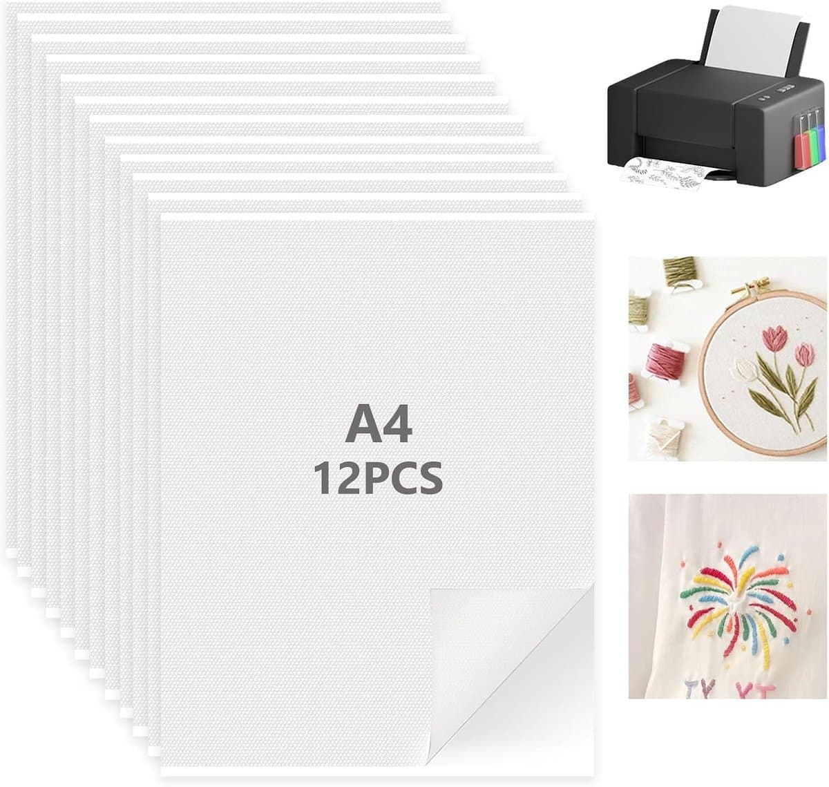 12 stuks A4 in water oplosbaar borduurvlies - borduursjablonen - zelfklevend - bedrukbaar borduurpapier voor beginners - afdrukken of tekenen (EAN: 6154401978964)