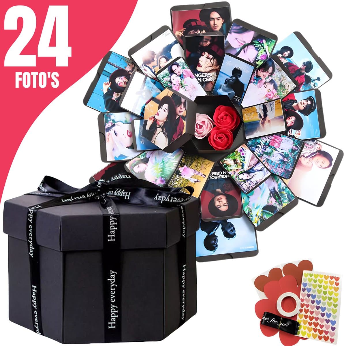 WoniQ Explosion Box - Foto box - Mystery Box - Unieke Geschenkdoos - Explosie box - Foto Doos - Knutselen - Cadeau voor Man en Vrouw - Inclusief Handleiding + Bonus stickervellen en plakband (EAN: 8720828202241)