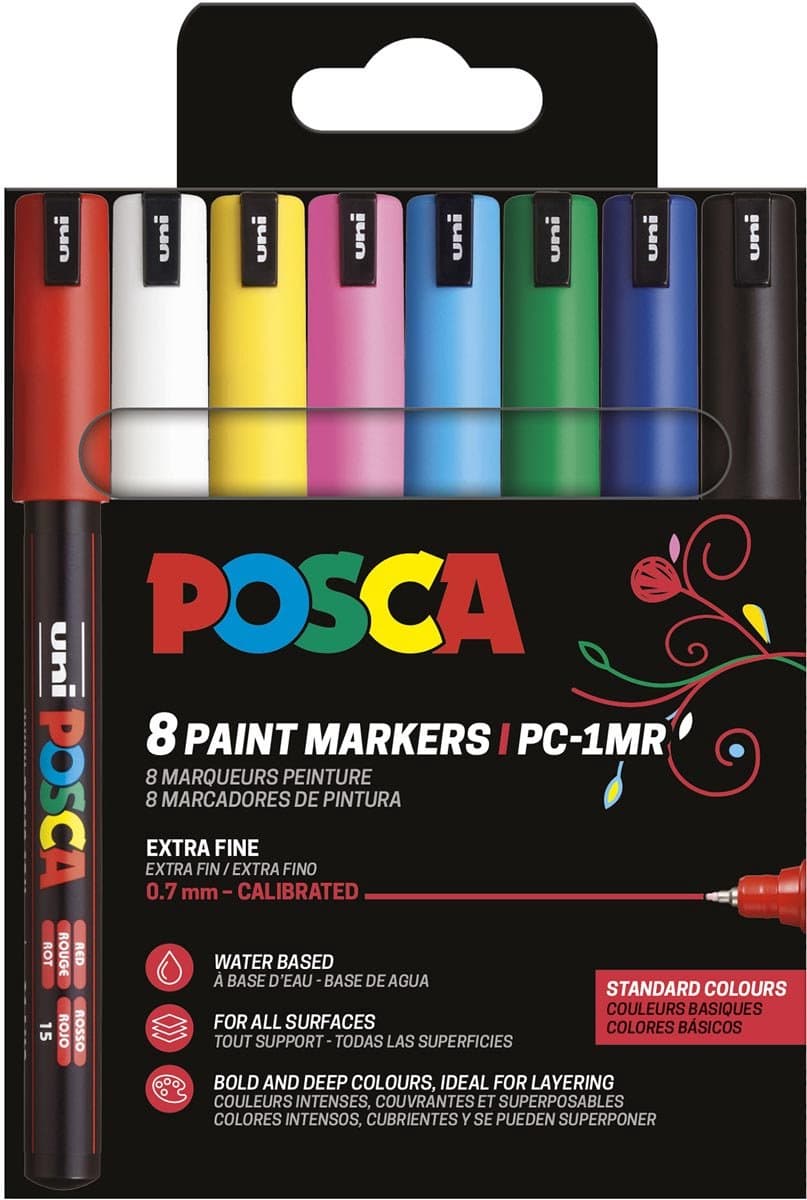 Uni POSCA paintmarker PC-1MR | 0 | 7 mm | etui van 8 stuks in geassorteerde basiskleuren (EAN: 3701614901413): De missie Details met een hoofdletter D