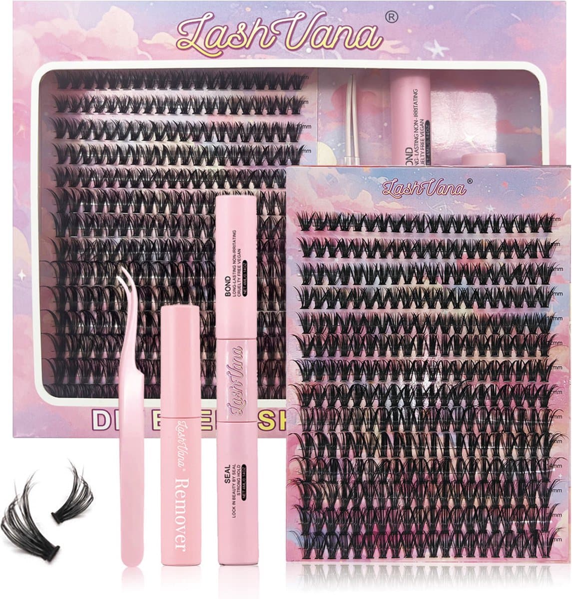 Lash Vana - DIY eyelash extension kit - Bond & Seal + Remover - 280 stuks cluster wimpers voor naturlijke look - One by one eyelashes (EAN: 0619091678113): Wat zit er in de doos